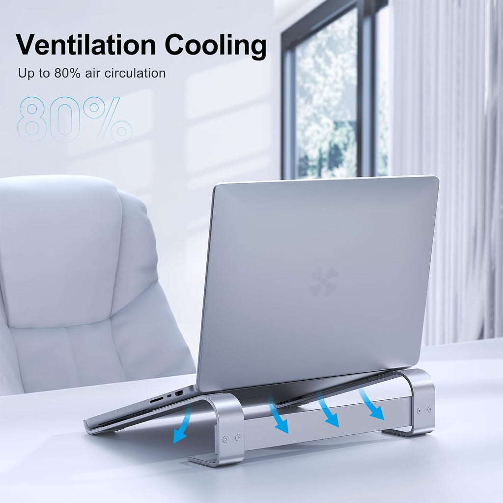 Soporte elevador de aluminio para laptop con flechas azules indicando flujo de aire, texto: Ventilación y enfriamiento, hasta 80% de circulación de aire
