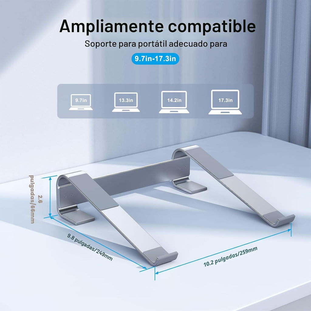 Infografía de dimensiones del soporte elevador de aluminio para laptop: compatible con portátiles de 9.7 a 17.3 pulgadas, altura 2.6 pulgadas (66mm), ancho 9.8 pulgadas (249mm), profundidad 10.2 pulgadas (259mm)