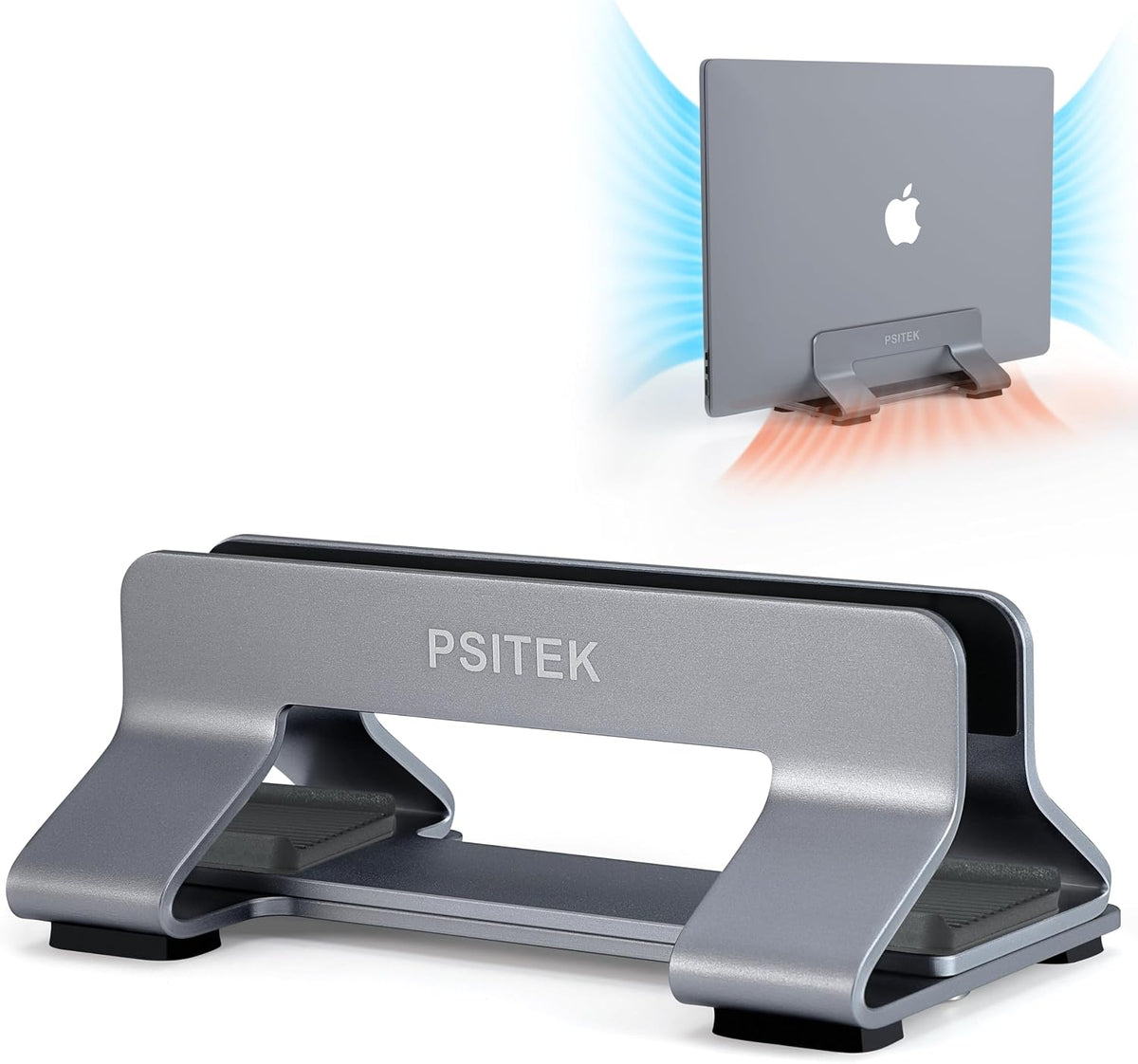 Soporte vertical de aluminio Psitek en gris espacial con ilustración de flujo de aire alrededor de MacBook